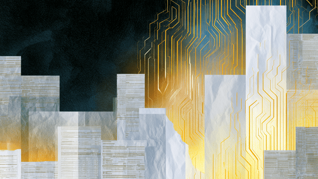 Fortress walls of stacked grey stone blocks broken open by glowing orange-gold circuit traces