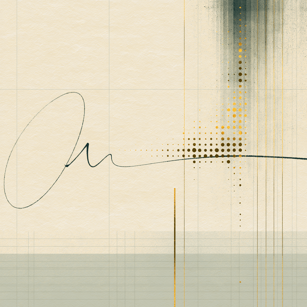 A handwritten signature in dark ink sweeping across cream ledger paper, its final stroke dissolving into a rising grid of gold and graphite halftone dots